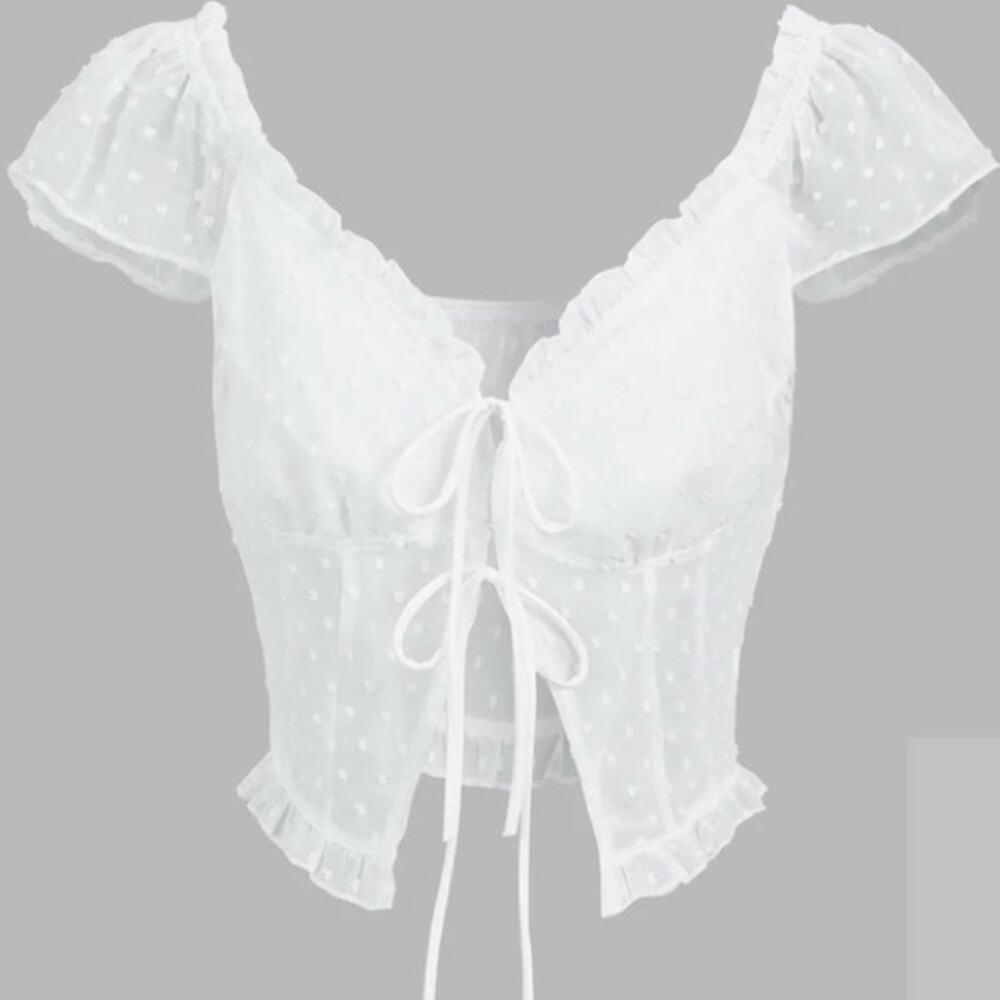 Commense White Swiss Dot Tie-Front Puff Sleeve Crop Top
